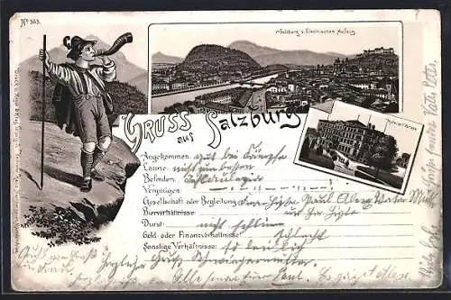 Lithographie Salzburg, Hotel de l`Europe und Ansicht vom Elektrischen Aufzug