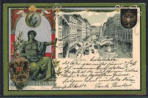 Lithographie Wien, Strassenpartie und Statue mit Wappen