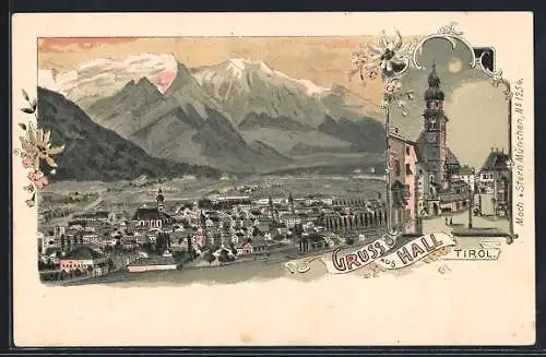 Lithographie Hall /Tirol, Ortsansicht mit Kirche bei Vollmond