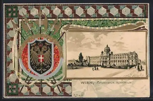 Passepartout-Lithographie Wien, Partie am Naturhistorischen Museum, Wappen und Lanzen