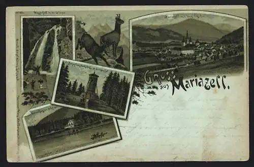 Mondschein-Lithographie Mariazell, Erzherzog Franz Carls-Höhe am Bürgeralpel, Herrenhaus am Erlaf-See