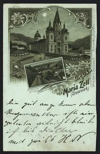 Mondschein-Lithographie Maria Zell /Steiermark, Die Wallfahrtskirche, Heiligenbrunn