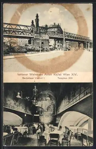 AK Wien, Gasthaus Istrianer Weinstube v. Anton Kajfez, Sechshaus Viadukt 1, mit Innenansicht