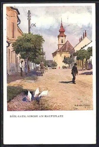 Künstler-AK Grosspetersdorf, Röm.-kath. Kirche am Marktplatz