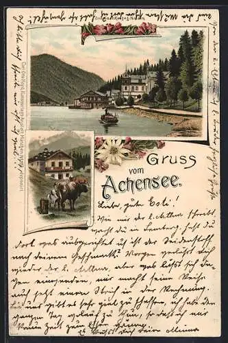 Lithographie Achensee, Scholastika geg. Norden, Ortsansicht