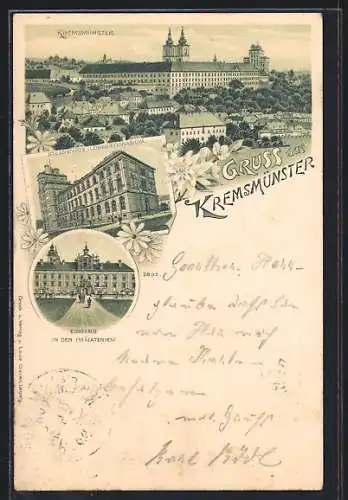 Lithographie Kremsmünster, Ortsansicht, Sternwarte & Obergymnasium, Eingang in den Prälatenhof