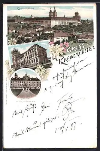 Lithographie Kremsmünster, Ortsansicht, Sternwarte & Obergymnasium, Eingang in den Prälatenhof