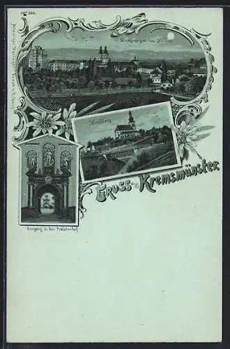 Mondschein-Lithographie Kremsmünster, Kirchberg, Eingang in den Prälatenhof, Ortsansicht