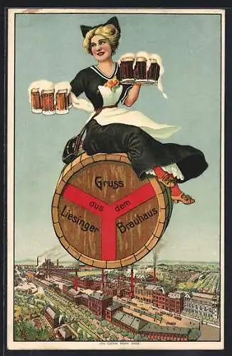 Lithographie Wien XXIII, Liesinger Brauhaus, Kellnerin mit Massbier auf dem Fass fliegend