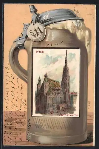 Lithographie Wien, Ansicht der Stefanskirche im Bierkrug