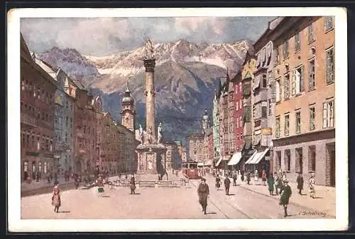 Künstler-AK Innsbruck, Maria Theresienstr. m. Strassenbahn