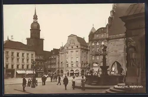 AK Dortmund, Café und Brunnen am Marktplatz