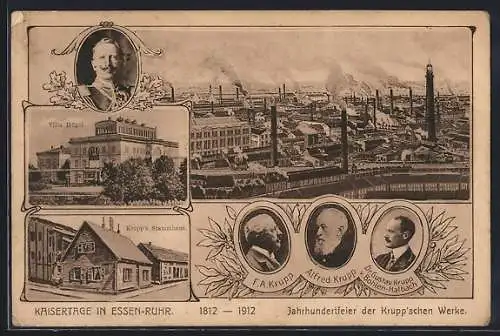 AK Essen /Ruhr, Jahrhundertfeier der Krupp`schen Werke 1912, Krupp`s Stammhaus, Villa Hügel, Porträts