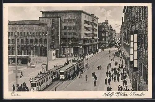 AK Essen / Ruhr, Strasse, Strassenbahnen und Münchner Löwenbräu