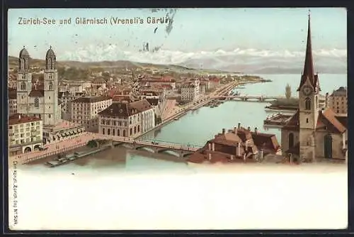 Lithographie Zürich, Ortsansicht mit Zürichsee & Glärnisch