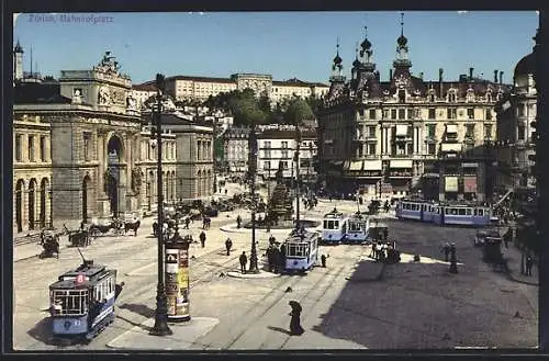 AK Zürich, Strassenbahnen auf dem Bahnhofplatz