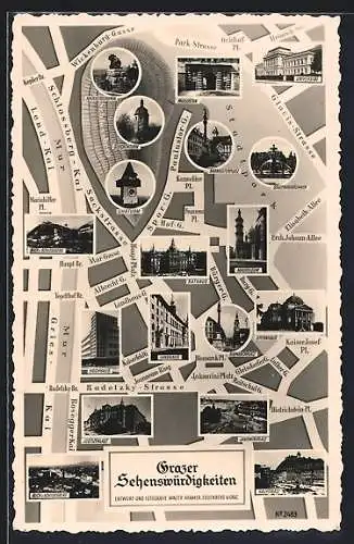 AK Graz, Stadtplan mit Universität, Opernhaus, Mausoleum, Justizpalast