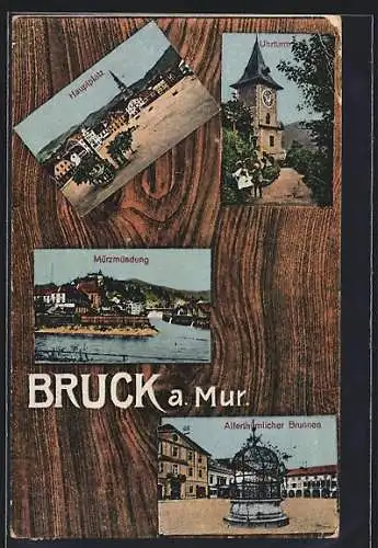 AK Bruck a. Mur, Hauptplatz, Uhrturm, Altertümlicher Brunnen