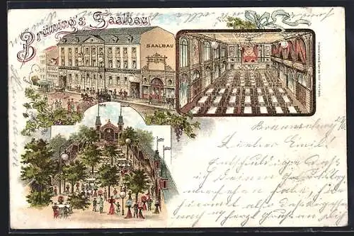 Lithographie Braunschweig, Gasthaus Brünning`s Saalbau, Innenansicht, Garten