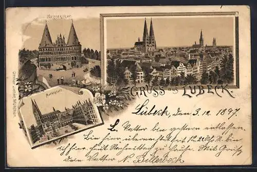 Lithographie Lübeck, Teilansicht, Holstentor, Marktplatz