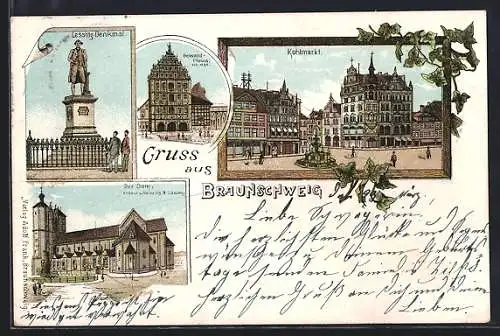 Lithographie Braunschweig, Der Dom, Lessingdenkmal, Gewandhaus, Kohlmarkt