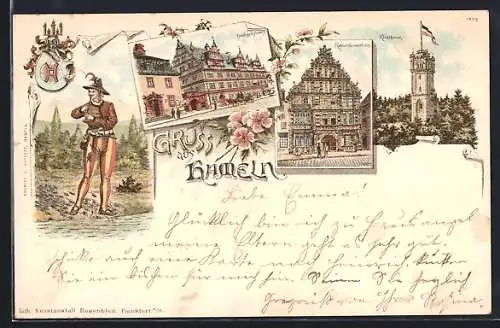 Lithographie Hameln, Hochzeitshaus, Rattenfängerhaus, Klütthurm