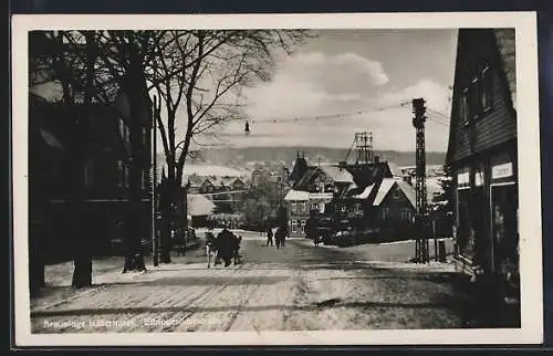 AK Braunlage / Harz, Elbingeröderstrasse mit Restaurant im Winter