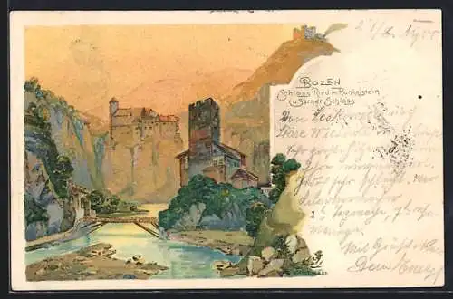 Künstler-Lithographie sign. A. Hirschmann: Bozen, Schloss Ried mit Runkelstein u. Sarner Schloss