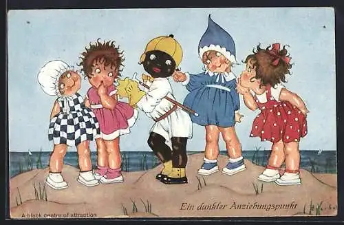 Künstler-AK Chicky Spark: weisse Kinder am Strand bewundern schwarzes Kind in elegantem Anzug