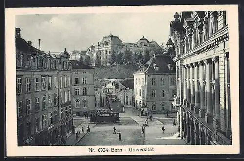 AK Bern, Universität mit Geschäften und Strassenbahn