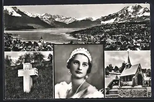 AK Rigi, Portrait Königin Astrid von Belgien, Kirche und Gebirgspanorama