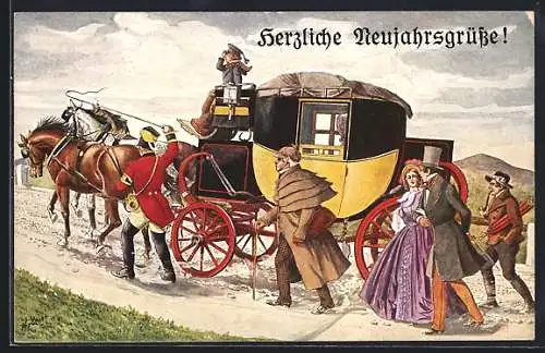 AK Postkutsche mit Bergvorgespann, Neujahrsgruss 1848