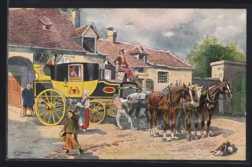 Künstler-AK Französische Eil-Postkutsche anno 1840