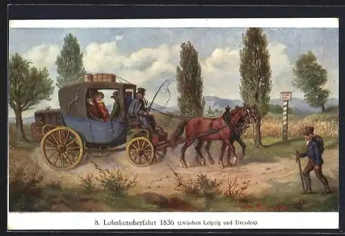 Künstler-AK Lohnkutscherfahrt 1836 zwischen Leipzig und Dresden, Postkutsche