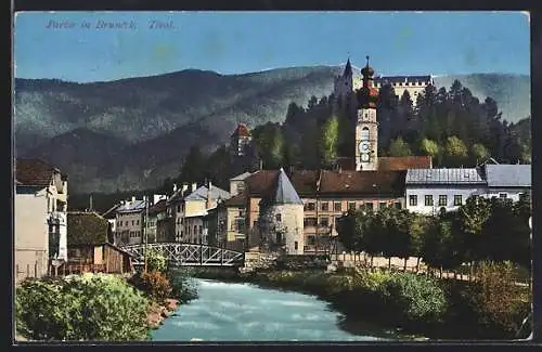 AK Bruneck, Ortspartie mit Rienz und Brücke