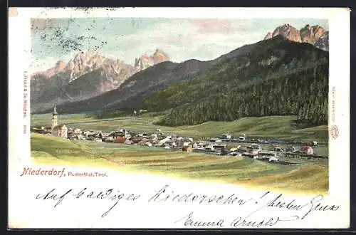 AK Niederdorf /Pusterthal, Ortsansicht mit Bergspitzen aus der Vogelschau
