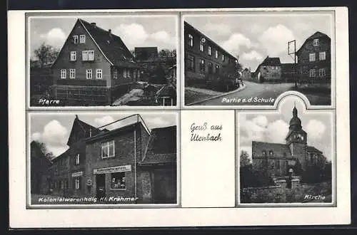 AK Utenbach / Naumburg, Pfarre, Kirche und Kolonialwarenhandlung Kl. Krähmer
