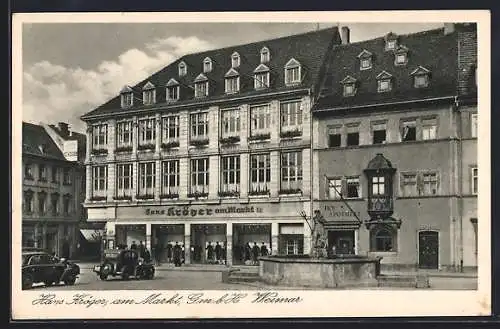 AK Weimar / Thür., Geschäft von Hans Kröger am Markt mit Brunnen