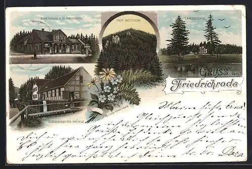 Lithographie Friedrichroda, Gasthaus a. d. Heuberg, Schauenburg-Mühle