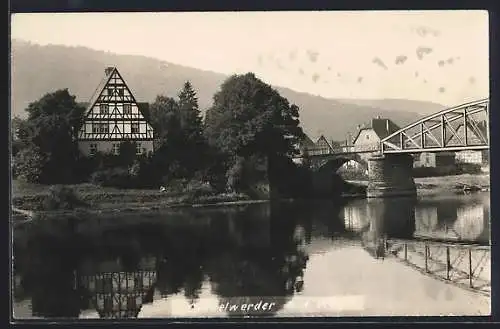 AK Gieselwerder a. d. Weser, Weserpartie mit Brücke