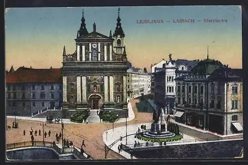 AK Ljubljana / Laibach, Marijin trg, Totalansicht eines Platzes mit Denkmal