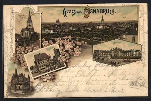 Lithographie Osnabrück, Ortsansicht, Bahnhof, Catharinenkirche, Marienkirche, Rathaus