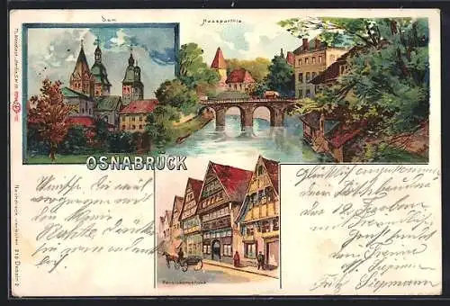 Lithographie Osnabrück, Dom, Renaissancehaus, Hasepartie