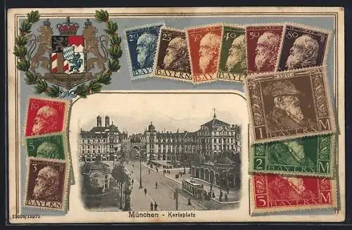 AK München, Karlsplatz mit Strassenbahn, von Briefmarken gerahmt, Wappen