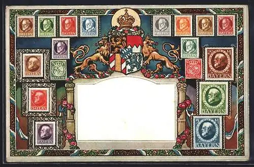 AK Wappen mit Briefmarkenrahmung