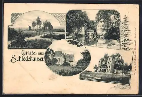 AK Schledehausen / Osnabrück, Partie am Sanatorium, Sägemühle, Schelenburg