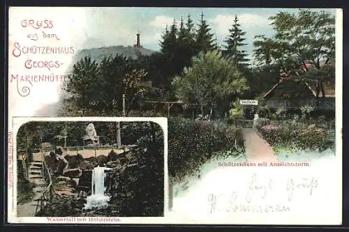 Künstler-AK Georgsmarienhütte, Schützenhaus mit Aussichtsturm, Wasserfall mit Holstestein