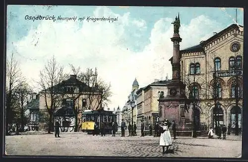 AK Osnabrück, Neumarkt mit Kriegerdenkmal und Strassenbahn