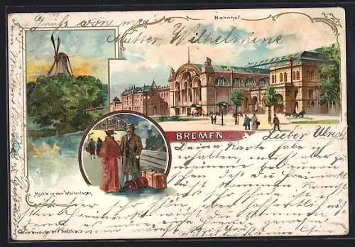 Lithographie Bremen, Bahnhof mit Vorplatz, Mühle in den Wallanlagen