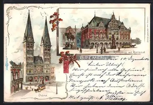 Lithographie Bremen, Dom, Rathaus mit Roland, Pferdebahn